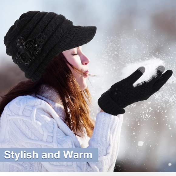 Accessories - Womens Winter Hats with Visor Winter Gloves Sequined Flower Touchscreen Gloves